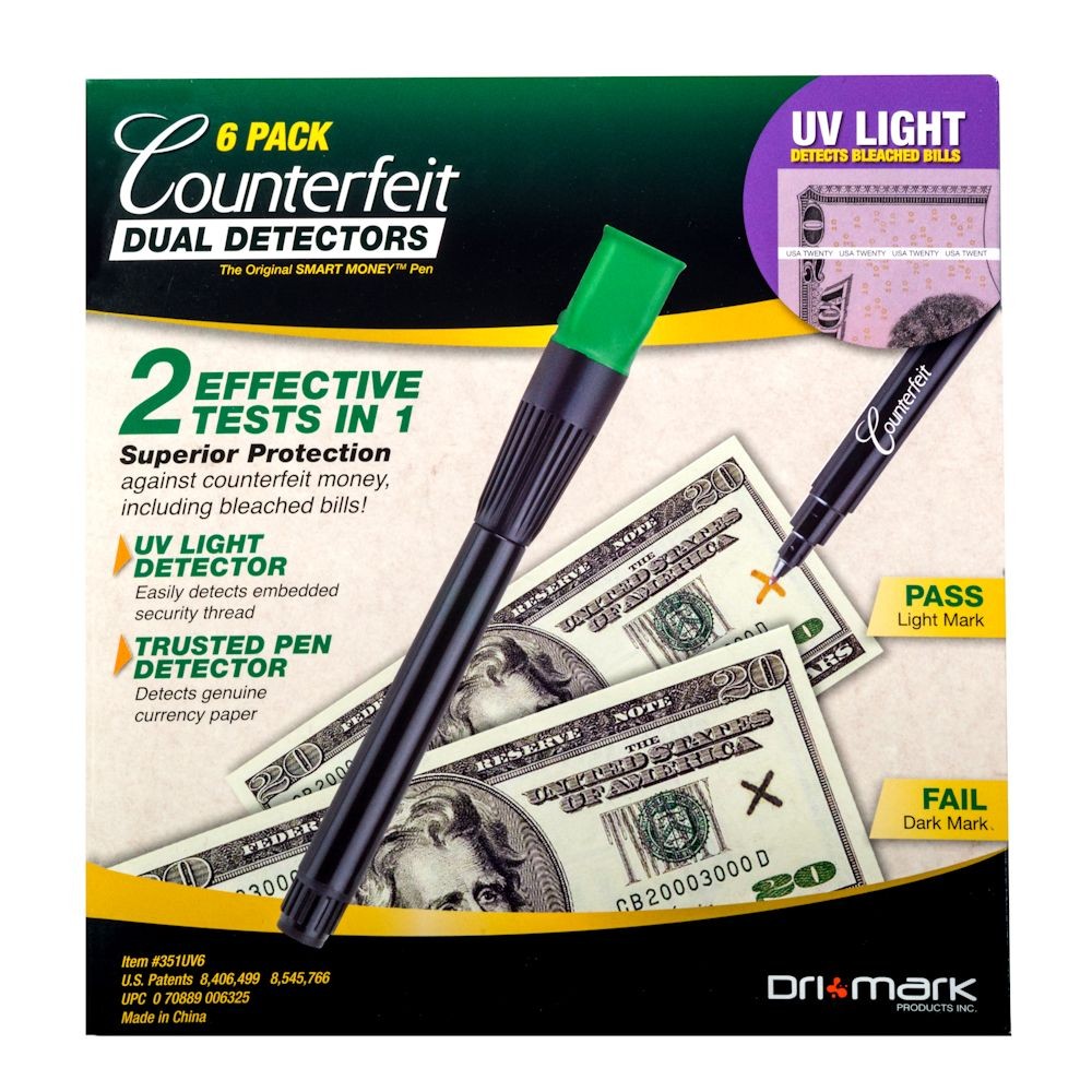 Dual Test Counterfeit Pen and UV Light - 6 Pack - packaging