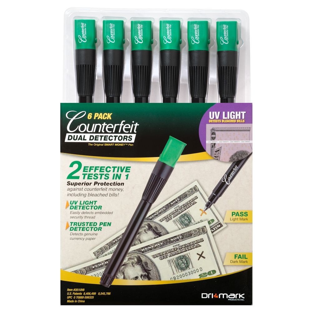 Dual Test Counterfeit Pen and UV Light - 6 Pack 