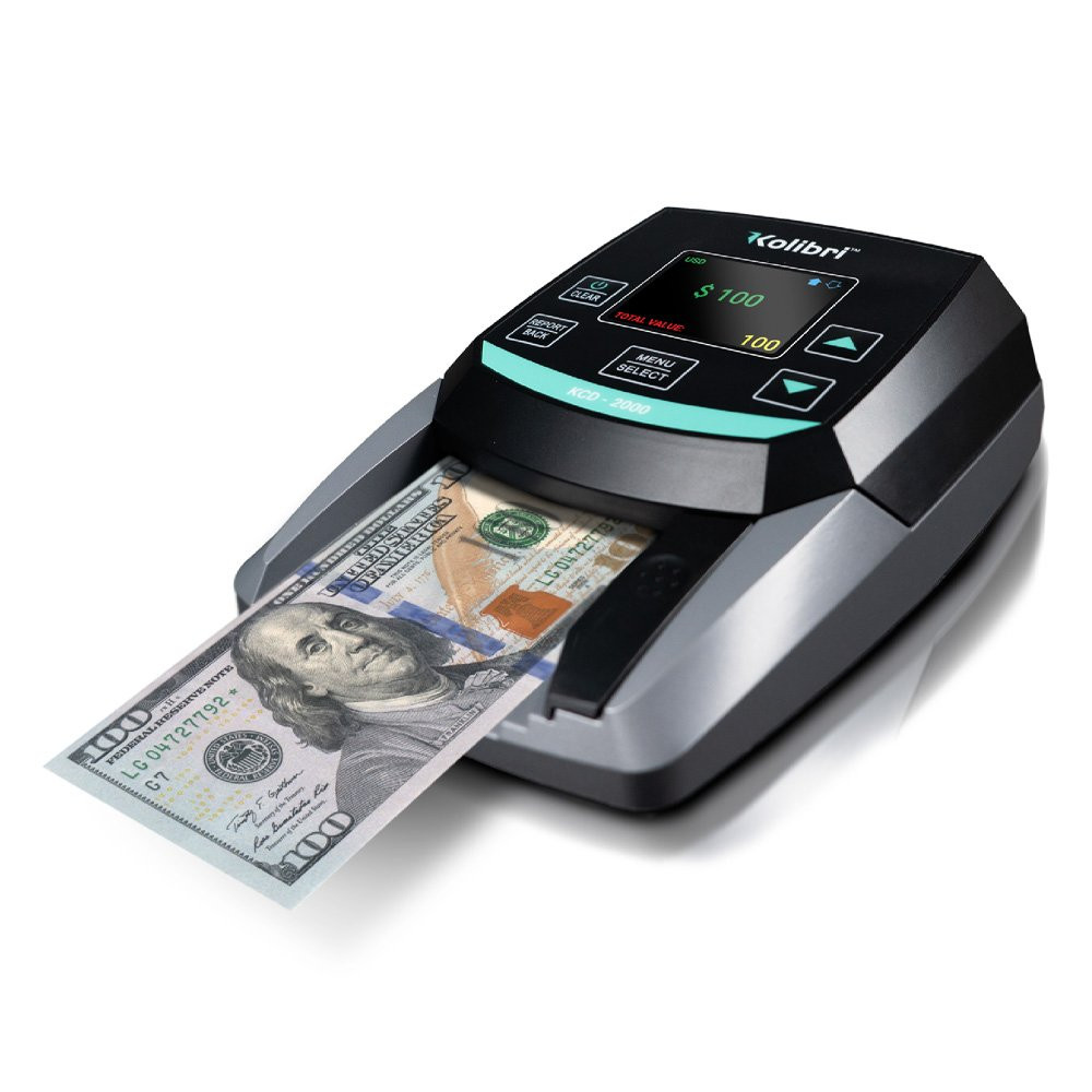 Kolibri KCD-2000 Counterfeit Detector shown scanning money 