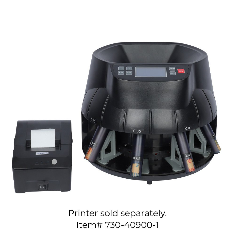 Shown with printer (sold separately) for MMF Industries Automatic Digital SE900 Coin Counter and Sorter
