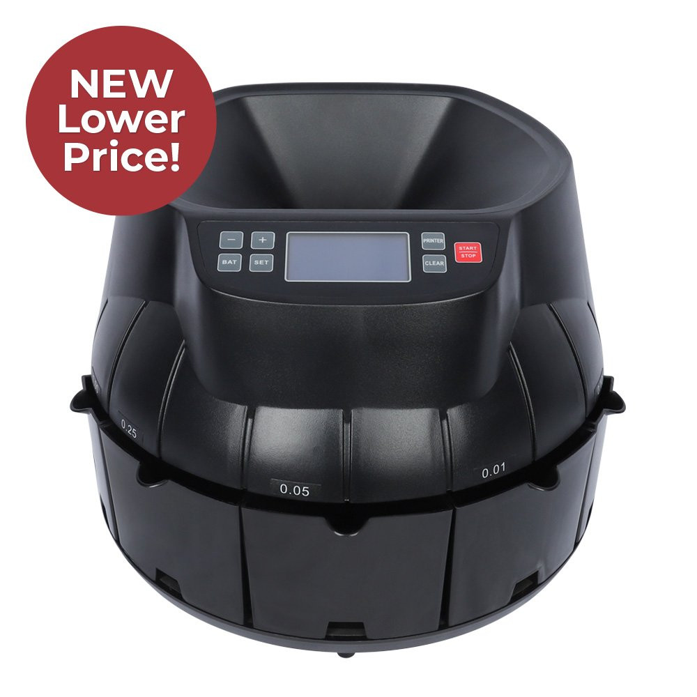 Front view with cups in place of MMF Industries Automatic Digital SE900 Coin Counter and Sorter