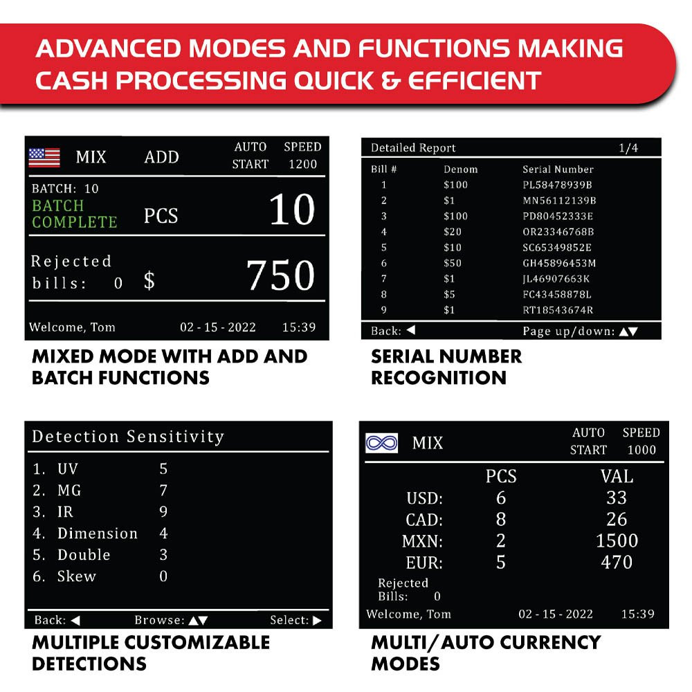image with text; advanced modes and functions making cash processing quick & efficeient; mixed mode with ass and bathc functions; serial number recongnition; multiple customizable detections; multi/auto currency modes;
