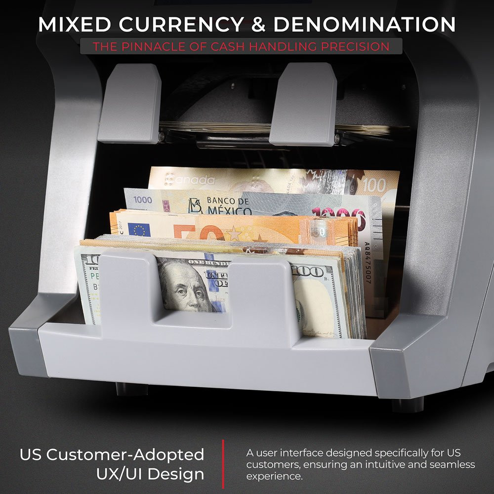 infographic image: Mixed Currency & Denomination - The pinnacle of cash handling precision - US Customer-adopted UX/UI Design - A user designed specifically for US customers, ensuring an intuitive and seamless experience. 