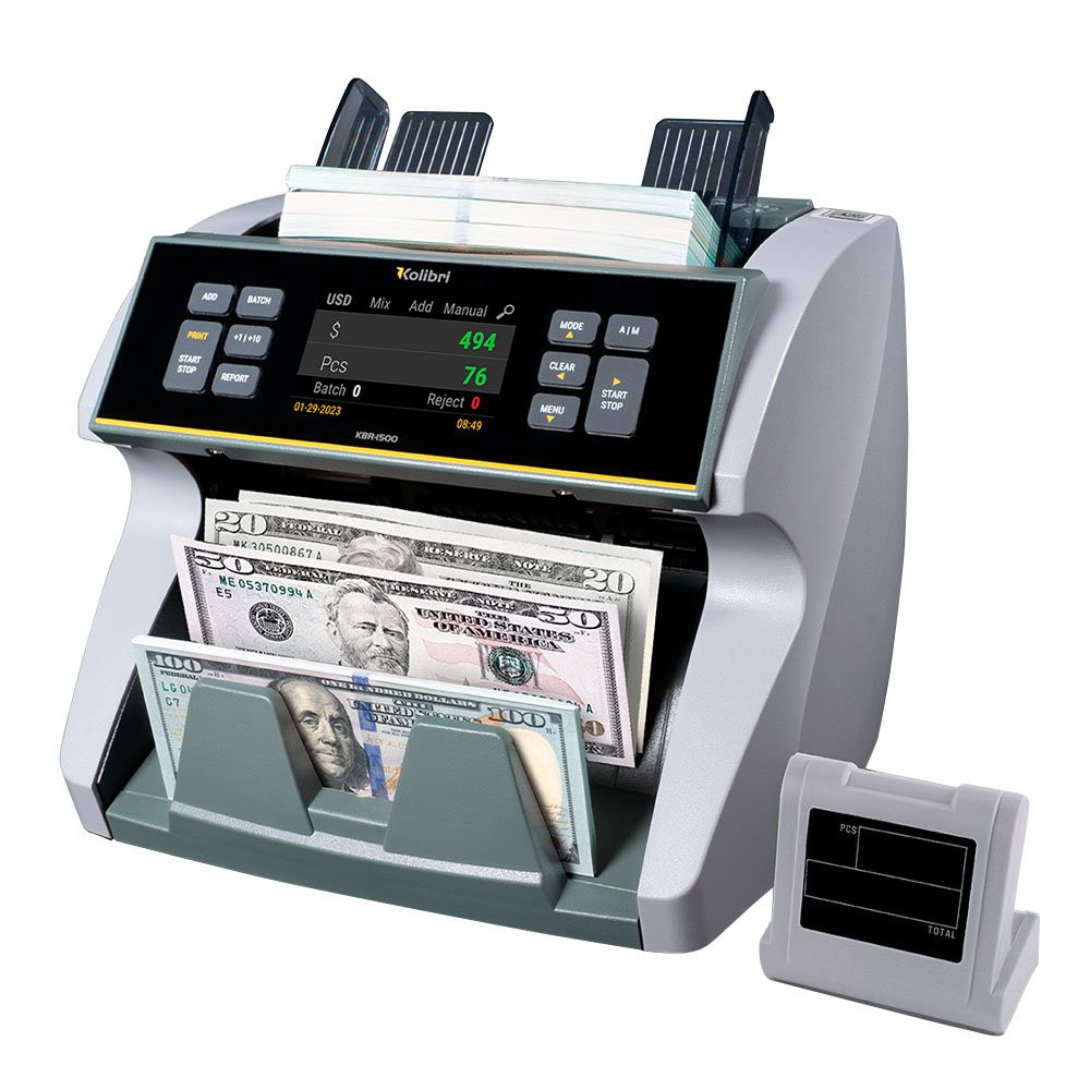 Cassida Kolibri KBR-1500 V2 Single Pocket Currency Discriminator Mixed Denomination Money Counter shown in use with cash 