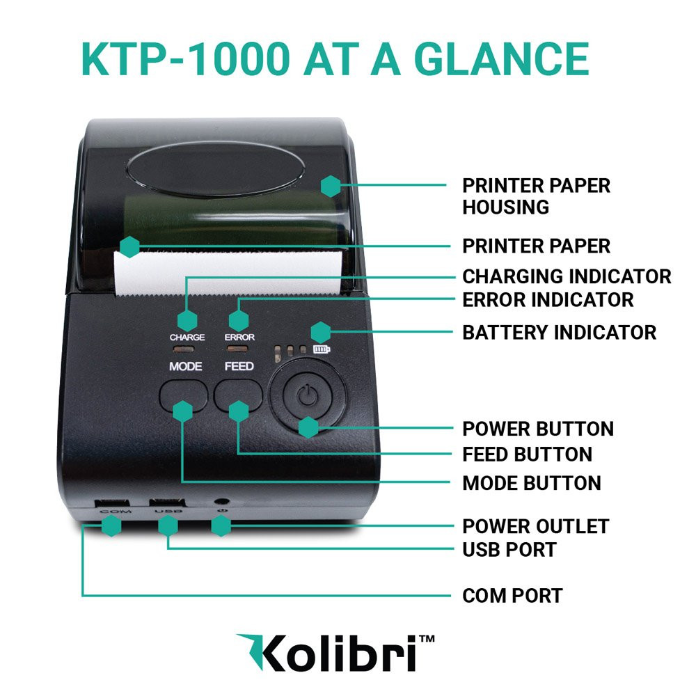 KTP-1000 at a glance; printer paper housing, printer paper, charging indicator, erro indicator, battery indicator, power button, feed button, mode button, power outlet, USB port, COM port; Kolibri