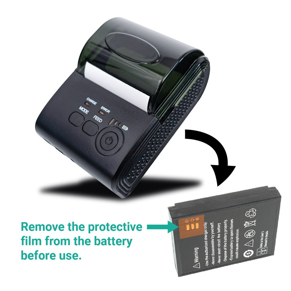 Kolibri Rechargeable Thermal Printer Kolibri Rechargeable Thermal Printer shown with battery; Remove the protective film from the battery before use. 