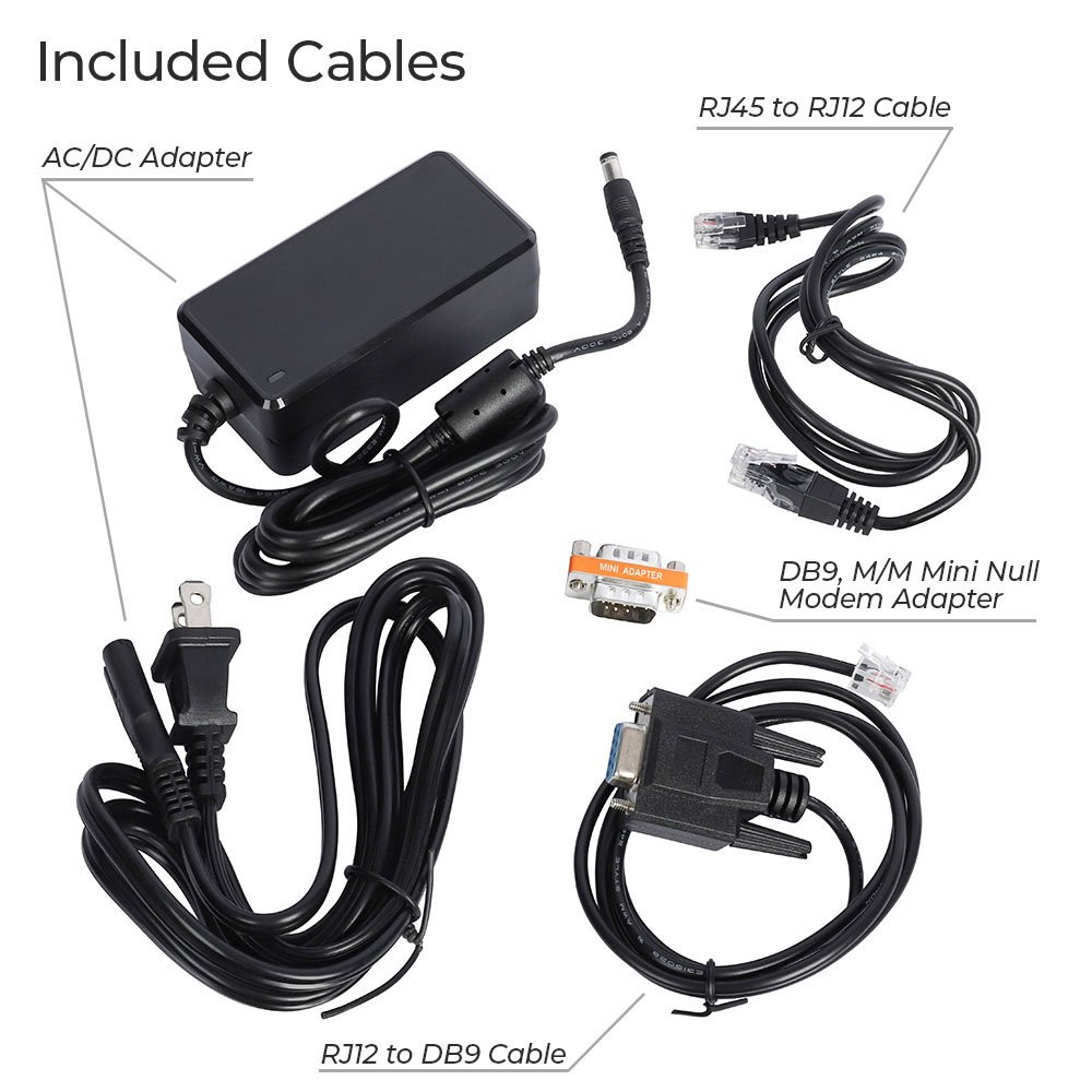 inforgraphic image for Cassida Rechargeable Battery Operated Thermal Printer  - Model KP-1 - includes: AC/Dc Adapter, RJ45 to RJ12 cable, DB9, M/M mini null modern adapter, RJ12 to DB9 cable 