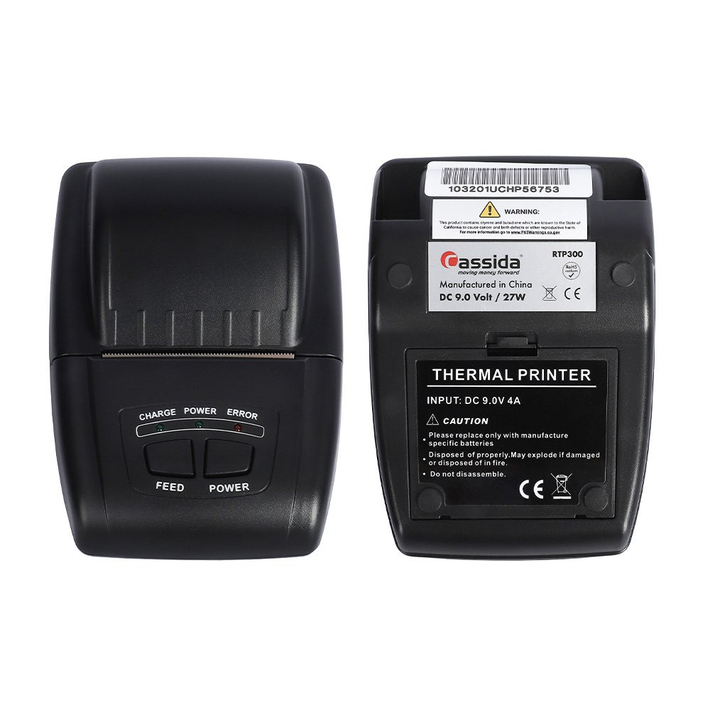 Cassida Rechargeable Battery Operated Thermal Printer for Cassida and Kolibri Money Counters - Model KP-1 front and back view 