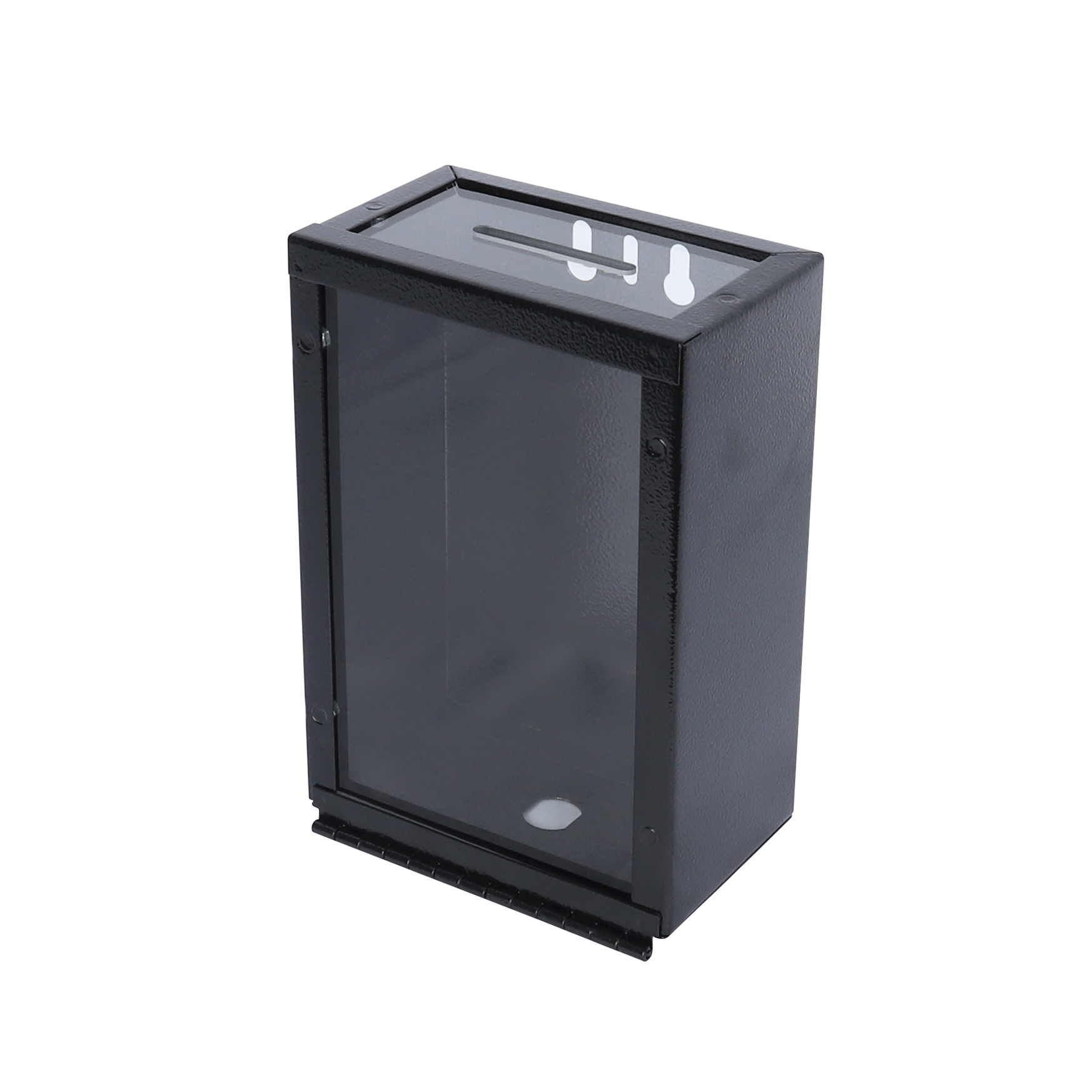 front and top view -Tokebox Black Metal 2-Windows w/ Bracket, Bottom Opening (5-1/2W x 8H x 3-1/4D)
