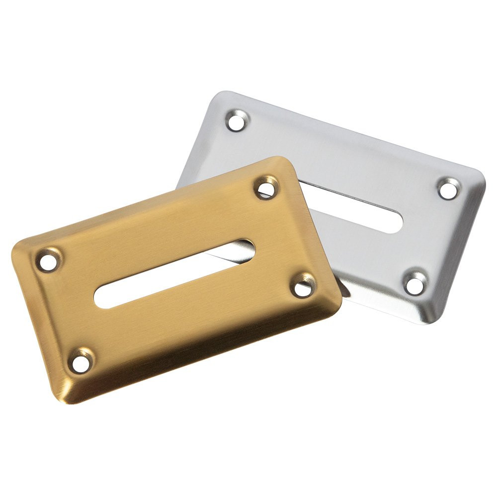 Toke Slot Cover for Casino Table Games Shown in Stainless Steel, and Anodized Brass
