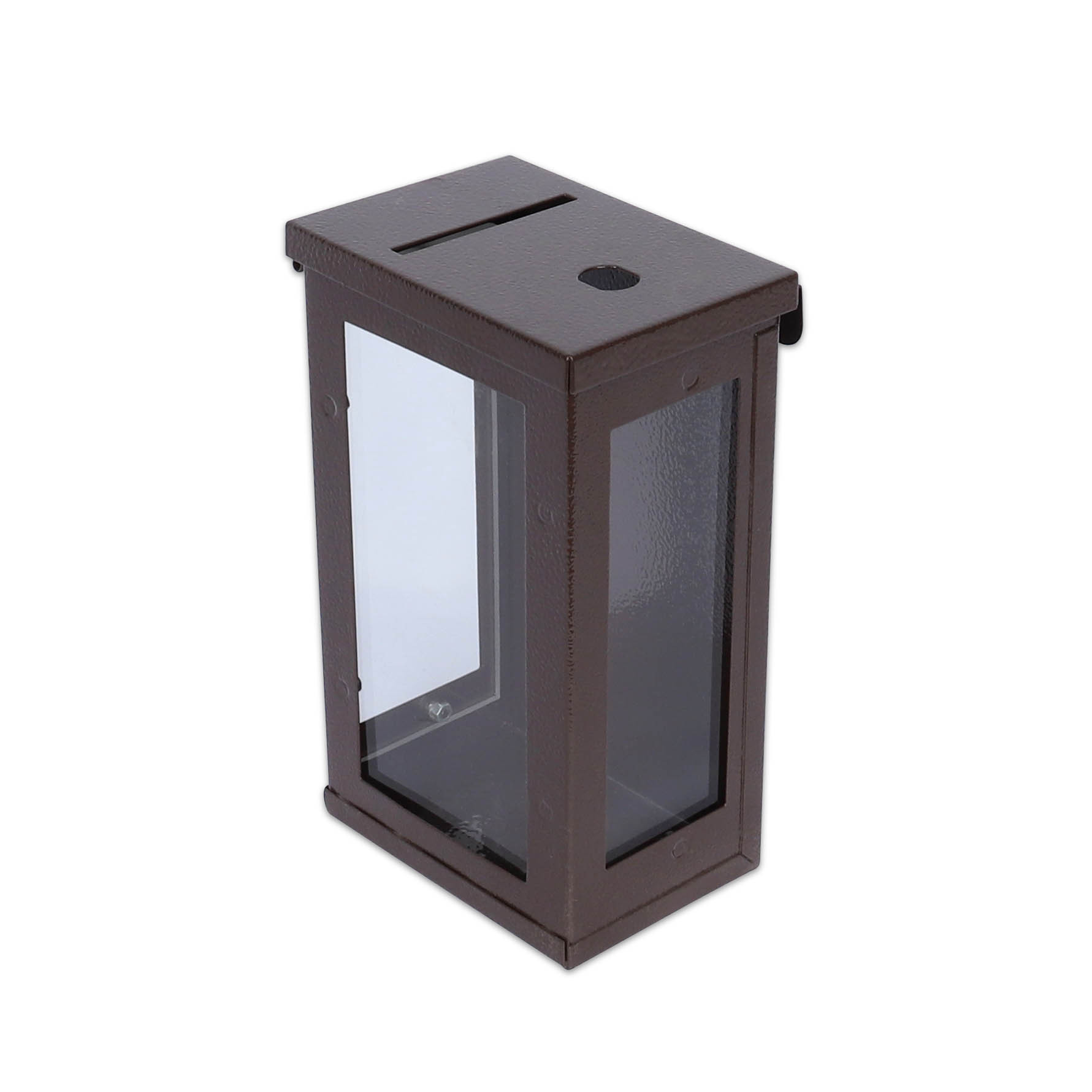 front/side- Tokebox Brown Metal 3 Window w/ J-Hook, Top Opening 