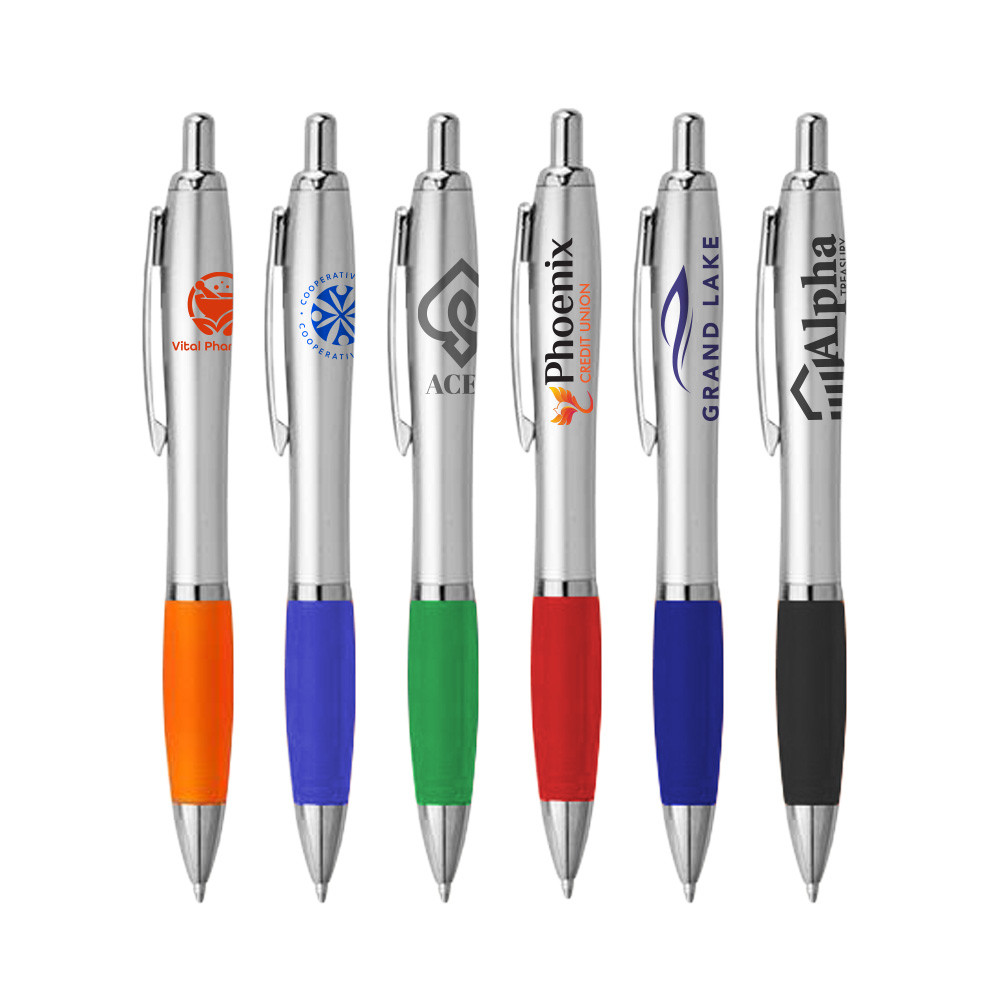 Silver Barrel with Colored Grip Custom Plastic Ballpen | Promotional Pens 