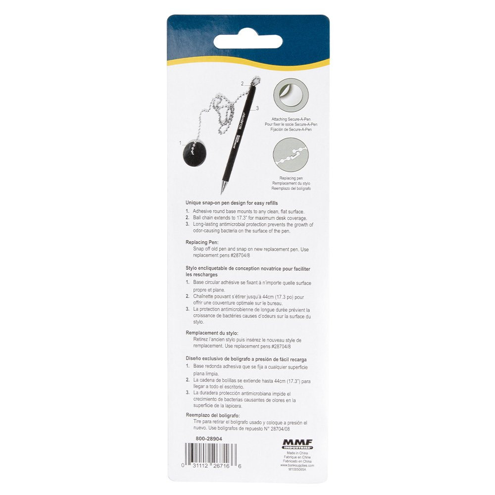 Back packaging shown for MMF Industries Secure-A-Pen Anti-Microbial Counter Pen w/ 24 inch Ball Chain - Black Ink