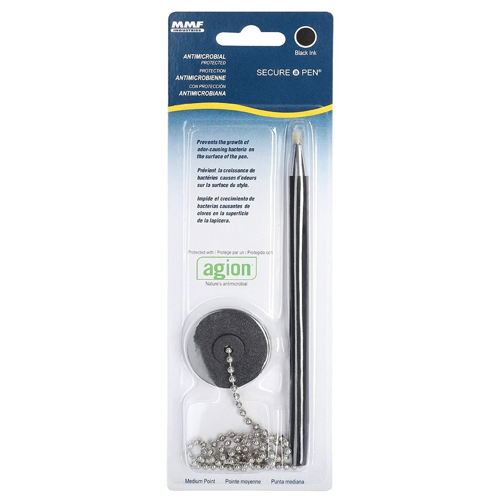 Front packaging shown for MMF Industries Secure-A-Pen Anti-Microbial Counter Pen w/ 24 inch Ball Chain - Black Ink