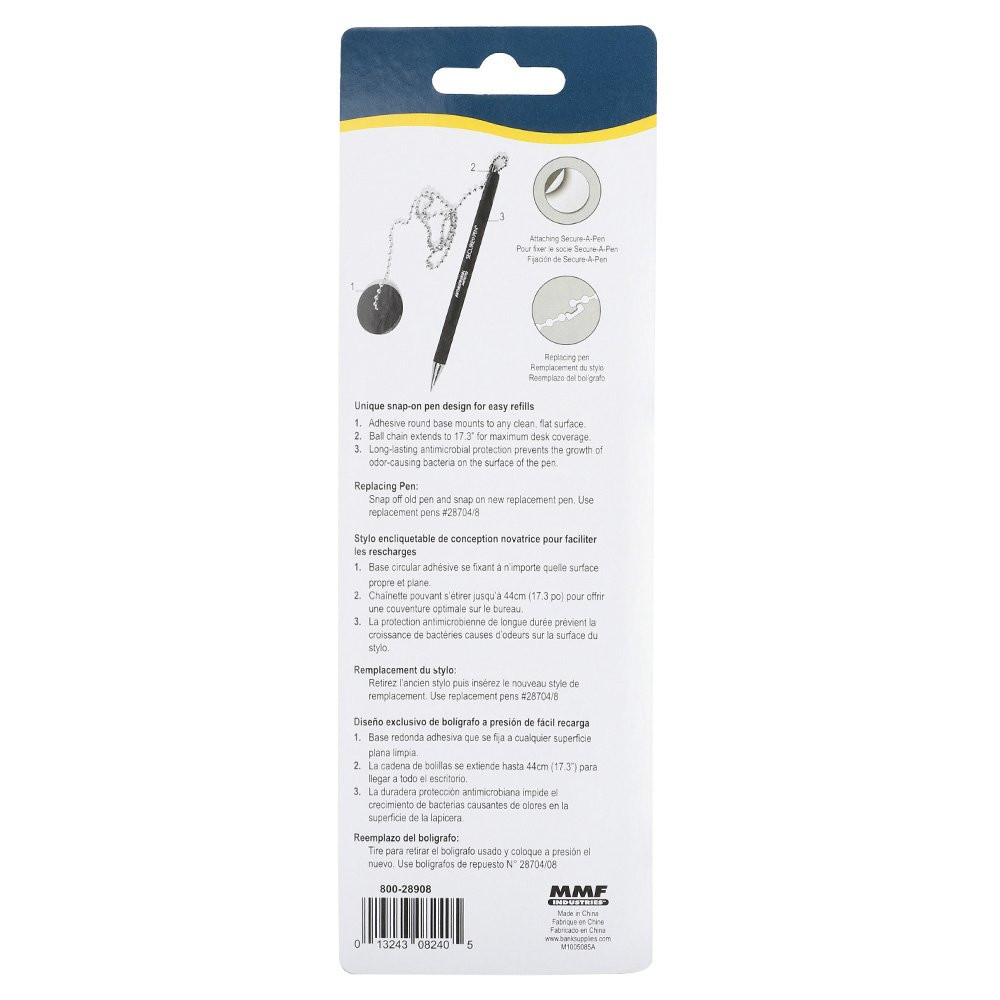 Back of packaging for single MMF Industries Secure-A-Pen Anti-Microbial Counter Pen w/ 24 inch Ball Chain - Blue Ink