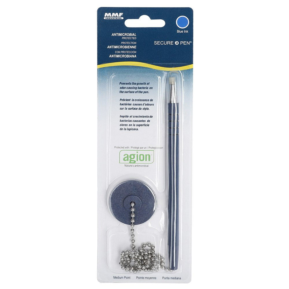 Front of packaging for single MMF Industries Secure-A-Pen Anti-Microbial Counter Pen w/ 24 inch Ball Chain - Blue Ink