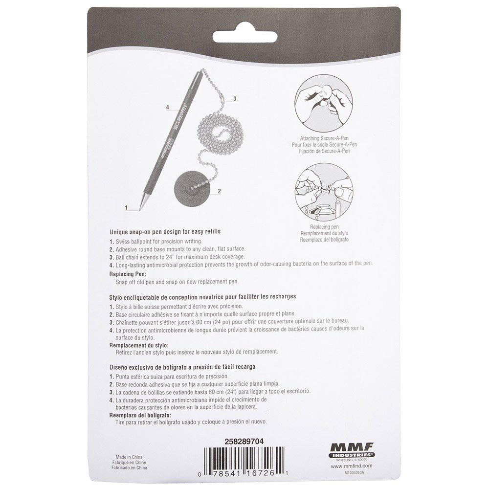 Back of packaging for 4-Pack | MMF Industries Secure-A-Pen Anti-Microbial Counter Pen w/ 24in. Ball Chain - Black Ink