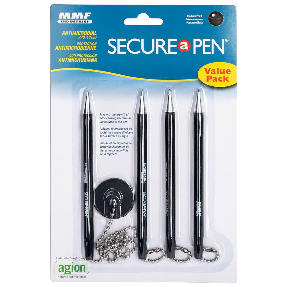 Front of packaging for 4-Pack | MMF Industries Secure-A-Pen Anti-Microbial Counter Pen w/ 24in. Ball Chain - Black Ink