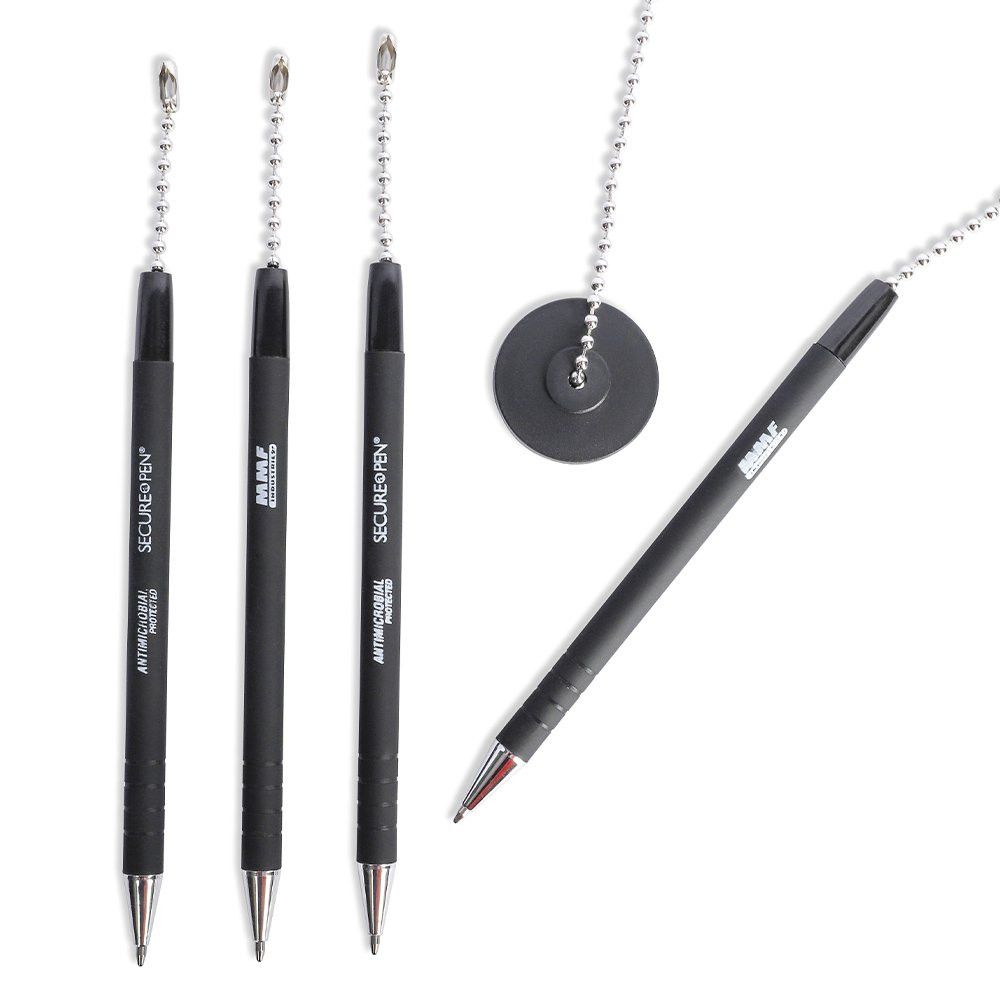 4-Pack | MMF Industries Secure-A-Pen Anti-Microbial Counter Pen w/ 24in. Ball Chain - Black Ink - Shown out of packaging 