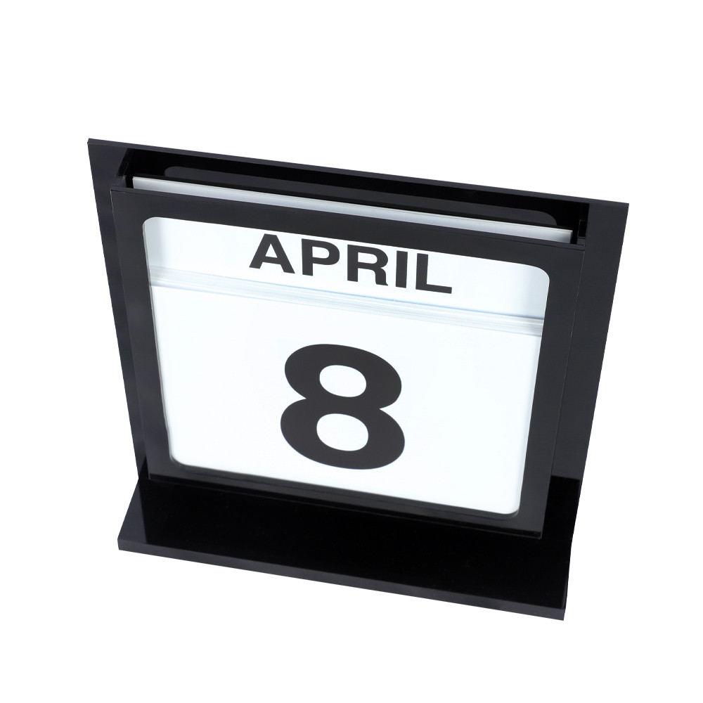 Black Acrylic Countertop Perpetual Calendar- White Inserts w/ Black Text 