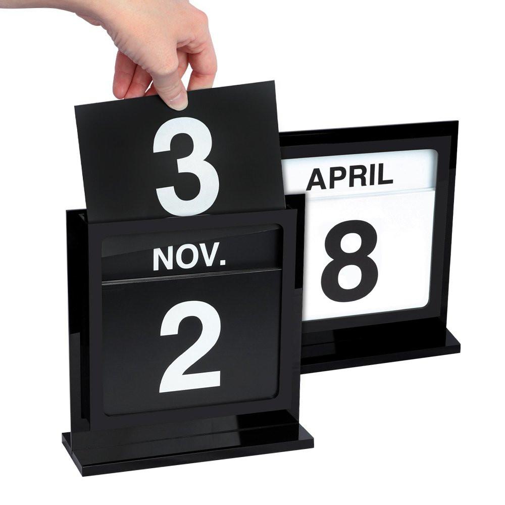 Black Acrylic Countertop Perpetual Calendar in use