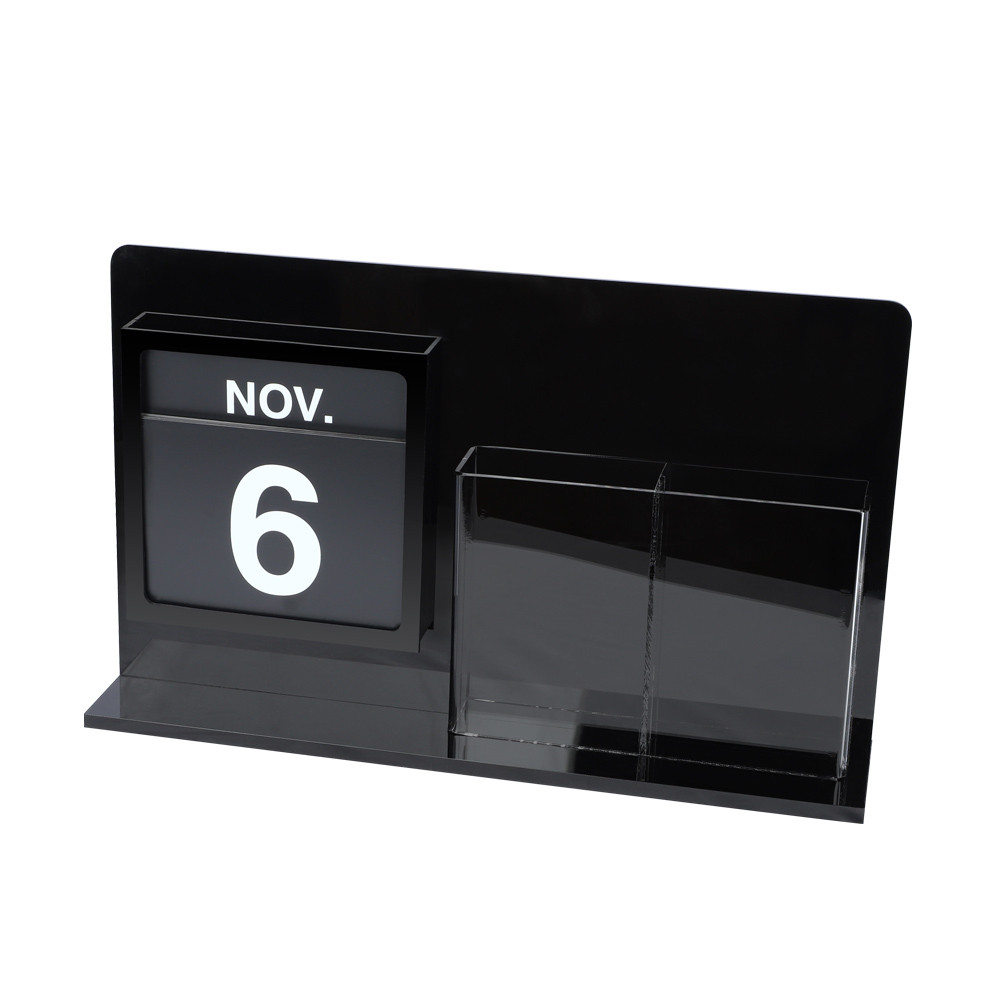 Black Acrylic Countertop Perpetual Calendar w/ Double Pocket Brochure Holder