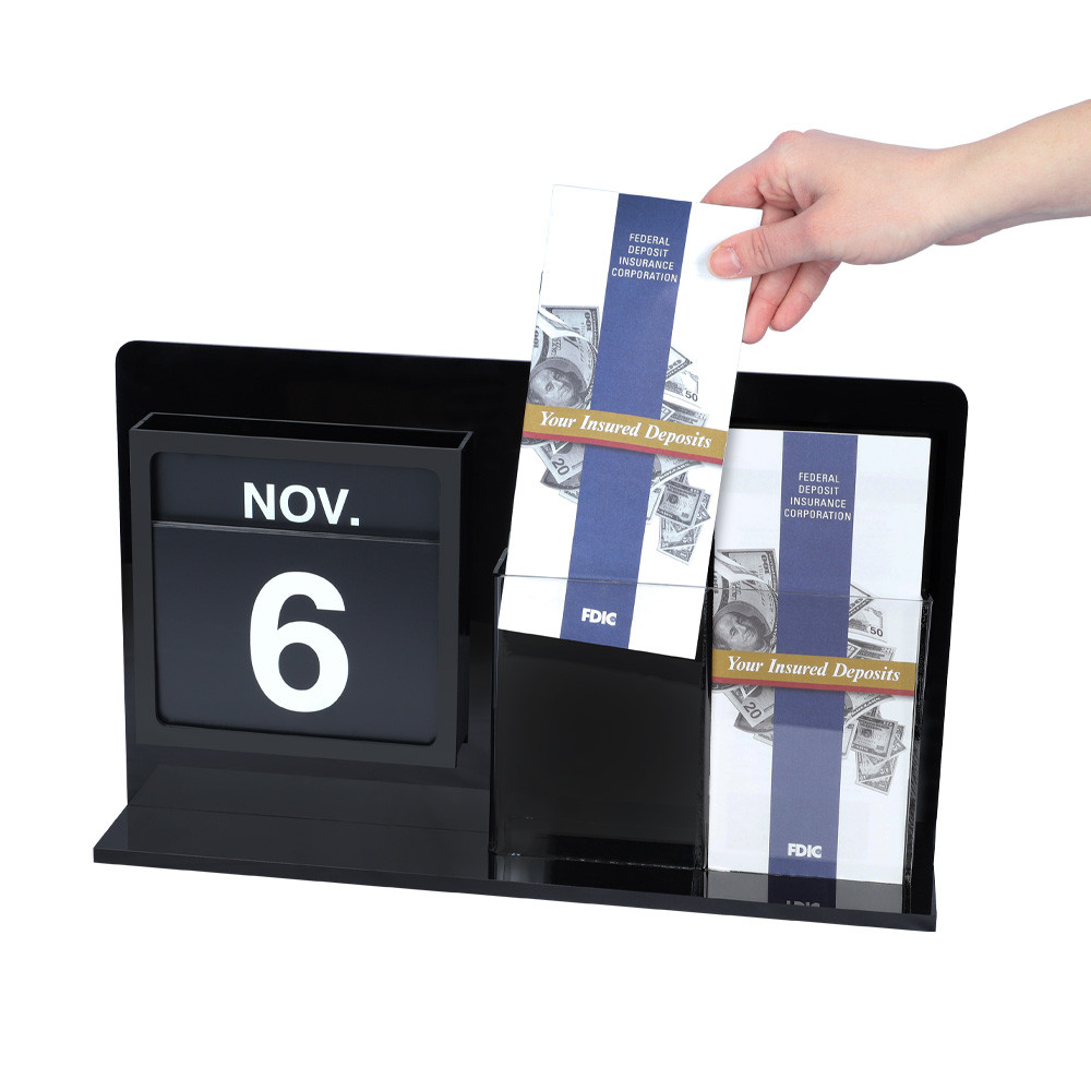 Black Acrylic Countertop Perpetual Calendar w/ Double Pocket Brochure Holder