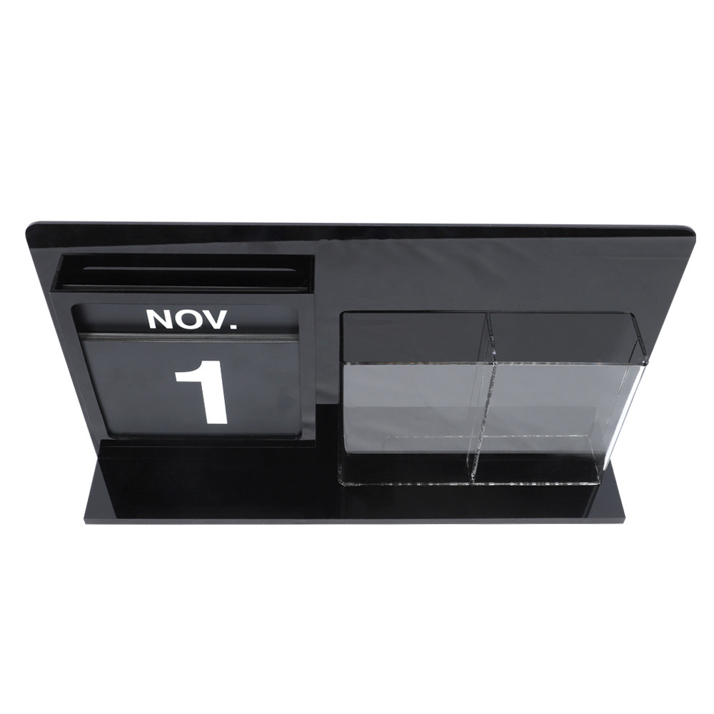 Black Acrylic Countertop Perpetual Calendar w/ Double Pocket Brochure Holder