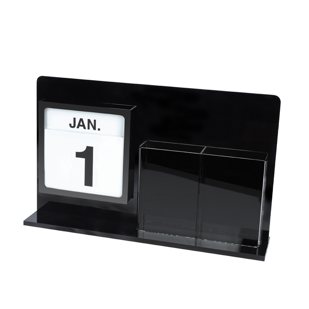 Black Acrylic Countertop Perpetual Calendar w/ Double Pocket Brochure Holder