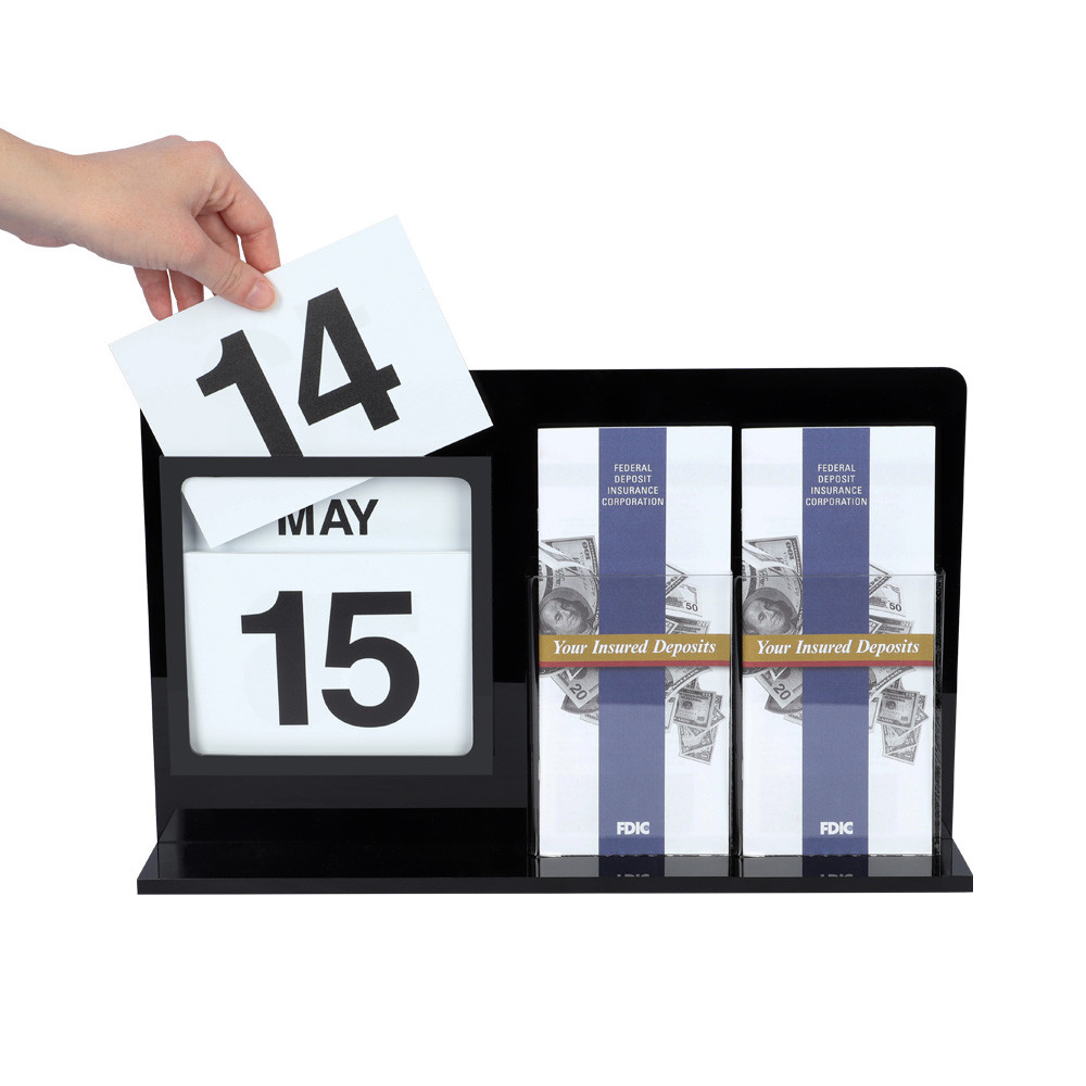 Black Acrylic Countertop Perpetual Calendar w/ Double Pocket Brochure Holder