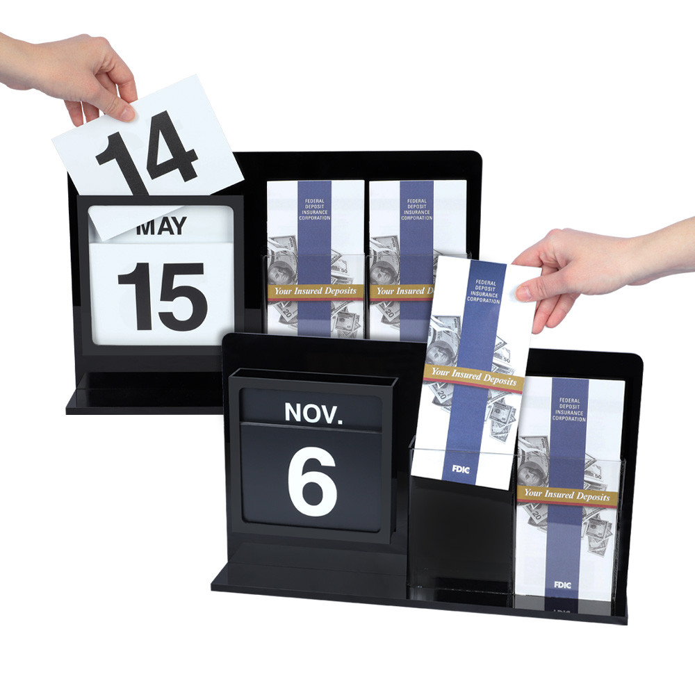 Black Acrylic Countertop Perpetual Calendar w/ Double Pocket Brochure Holder