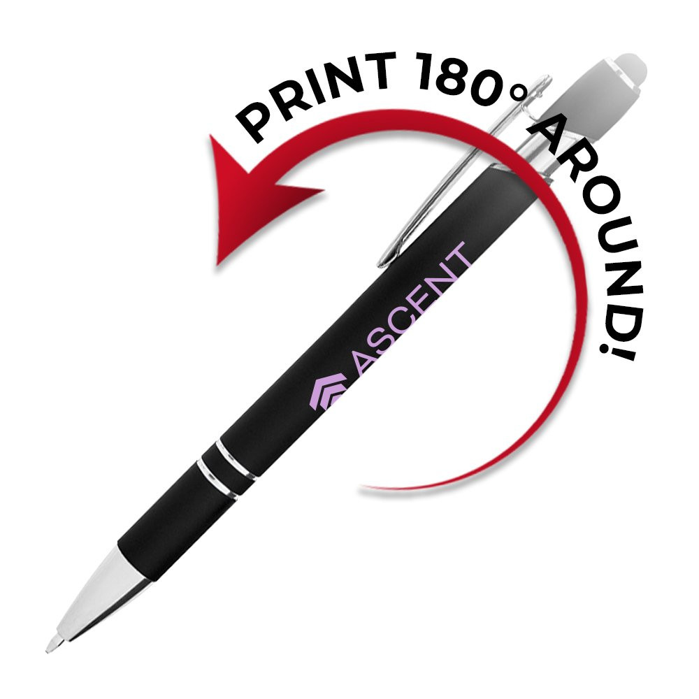 Full 180 degree printing radius for the Custom Imprinted Alpha Soft Promotional Pens with Stylus