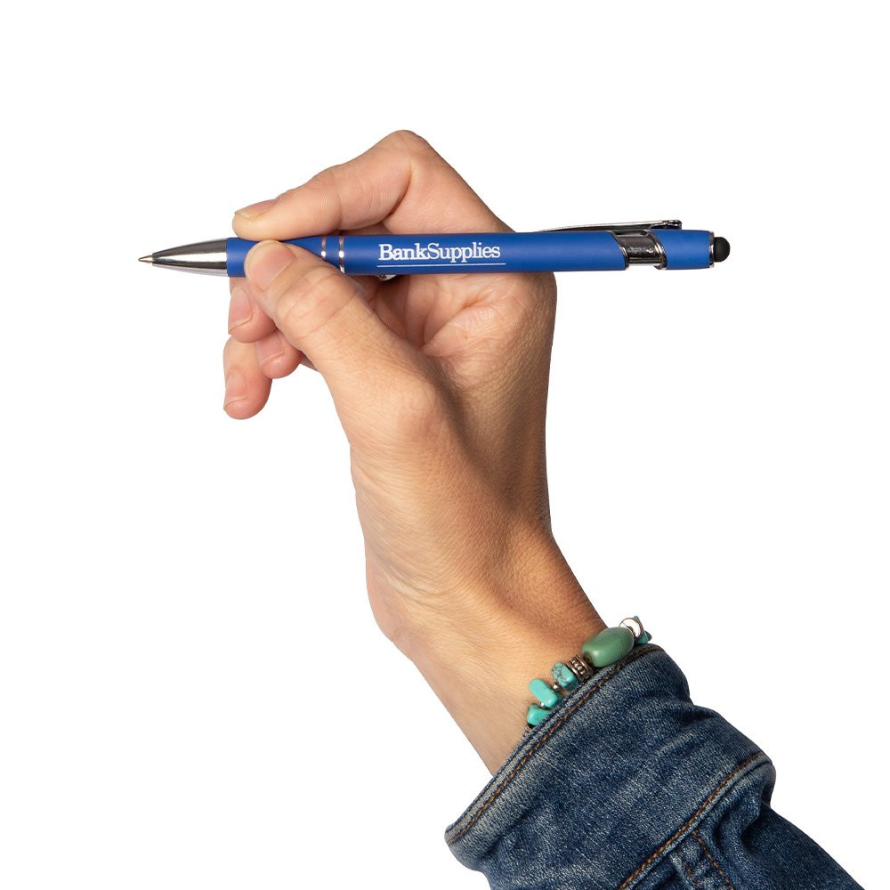 Alpha soft promotional pen - Light blue with white text - In use