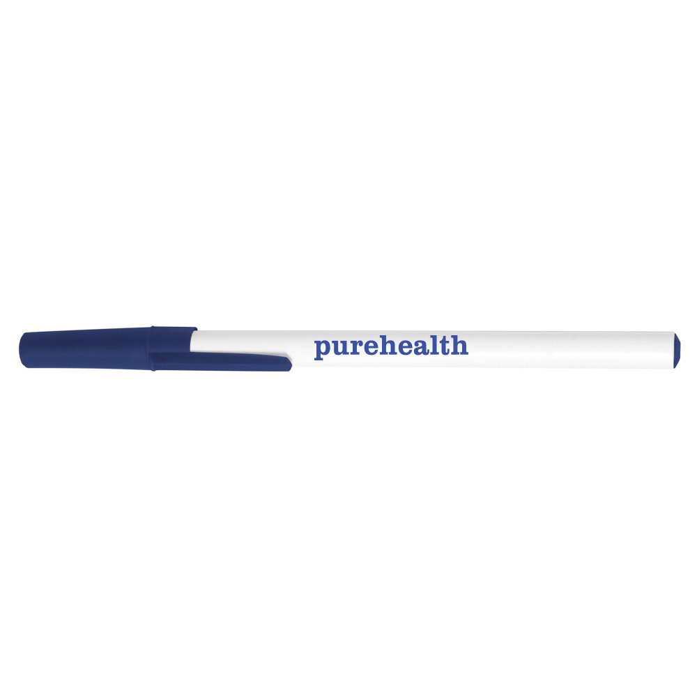 Bic stic promotional custom pens with white barrel and blue accent colors