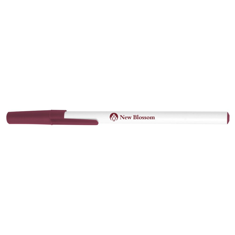 Bic stic promotional custom pens with white barrel and burgundy accent colors