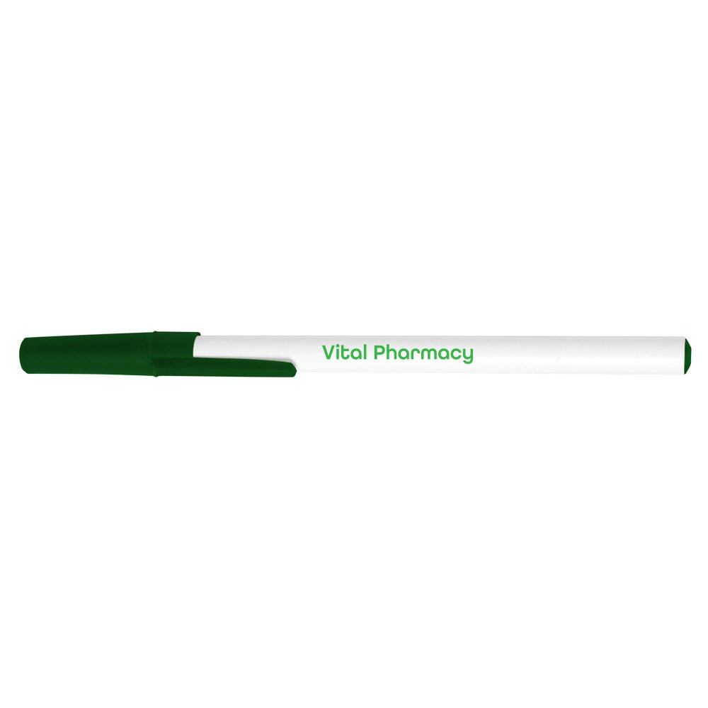 Bic stic promotional custom pens with white barrel and green accent colors