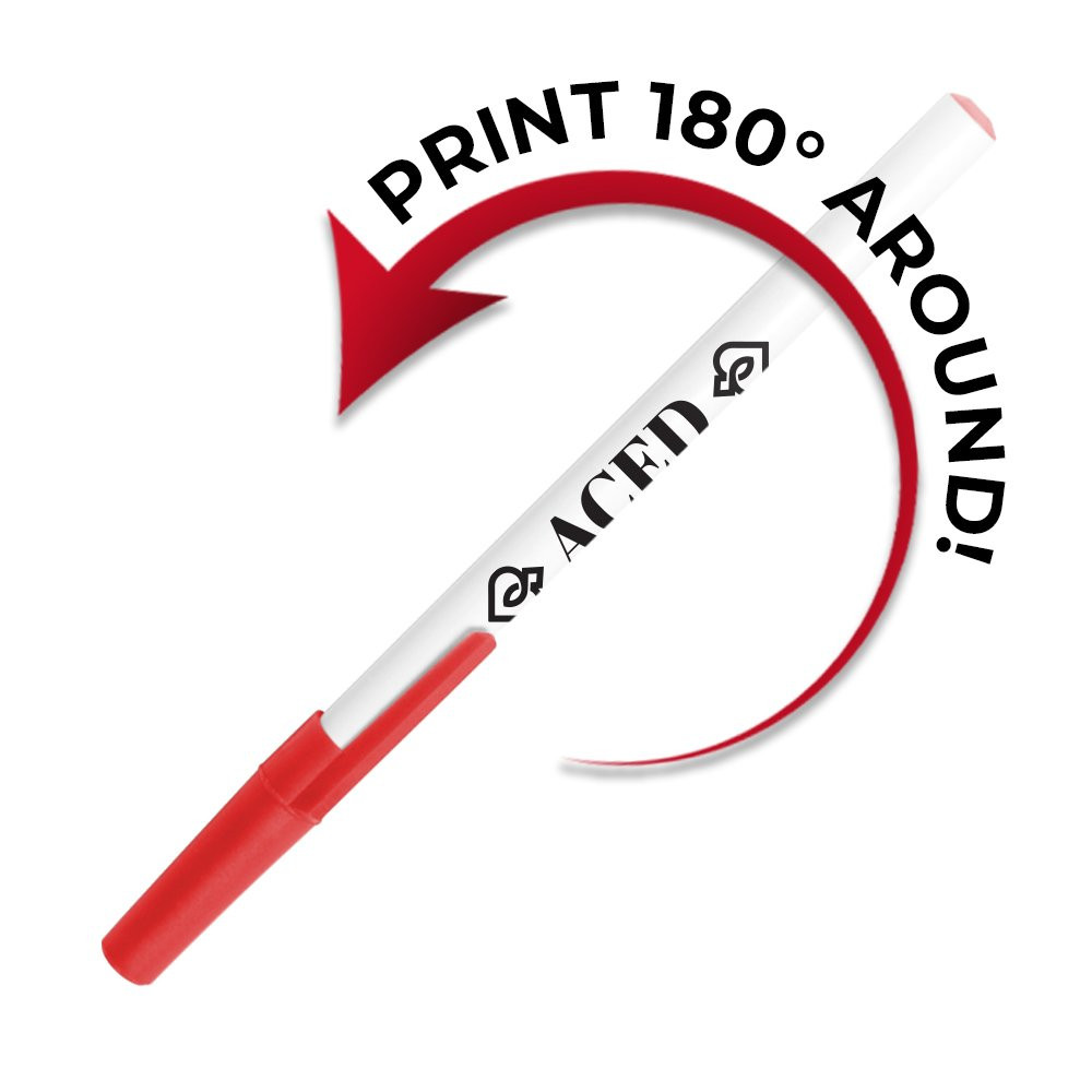 Bic stic promotional custom pens with white barrel and accent colors - Print 180 degrees around