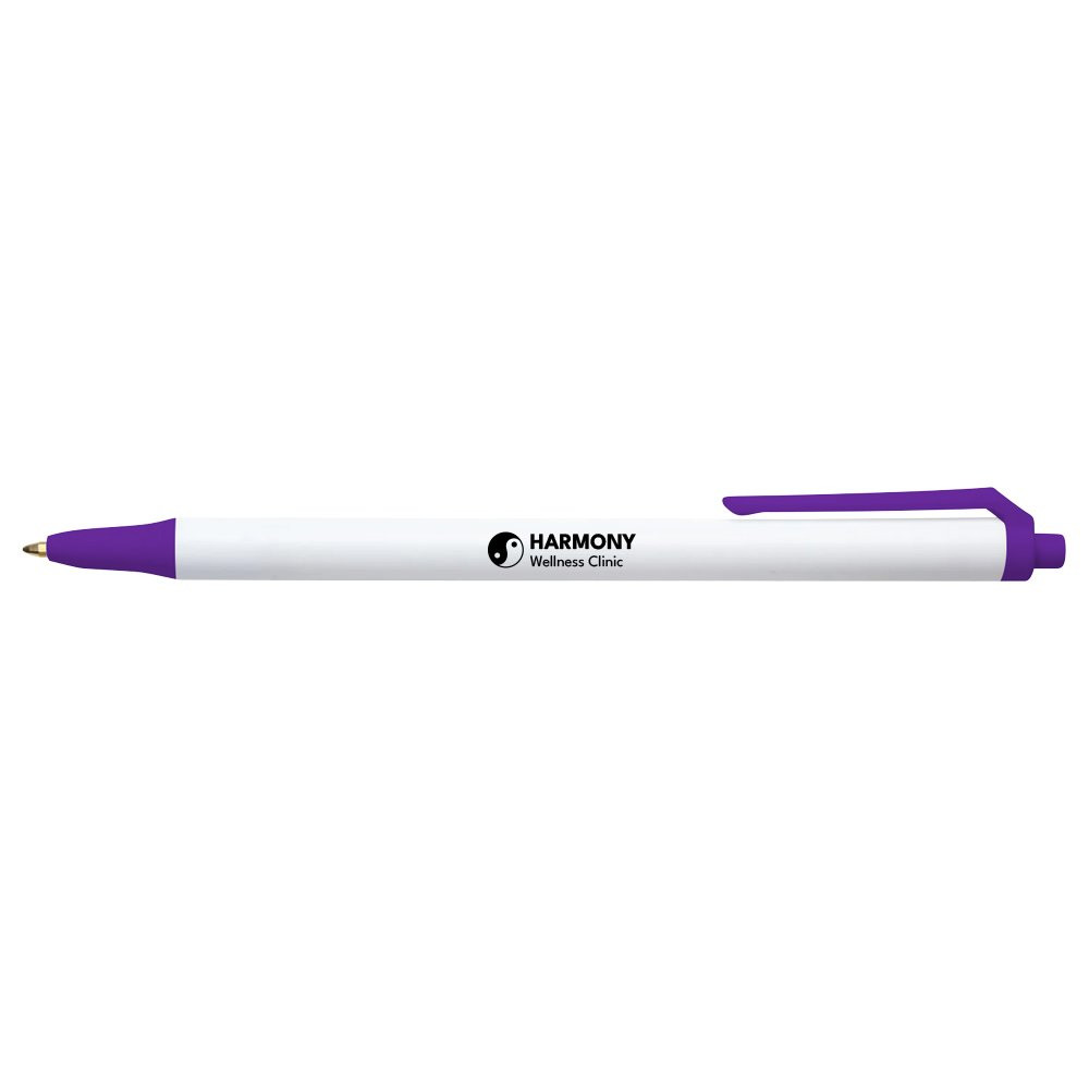 White with Purple Bic Stick Click Promotional Custom Pens