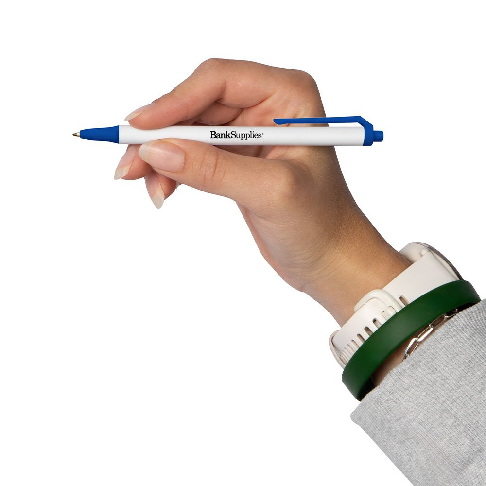 Bic click promotional pens - white barrel and blue accents 