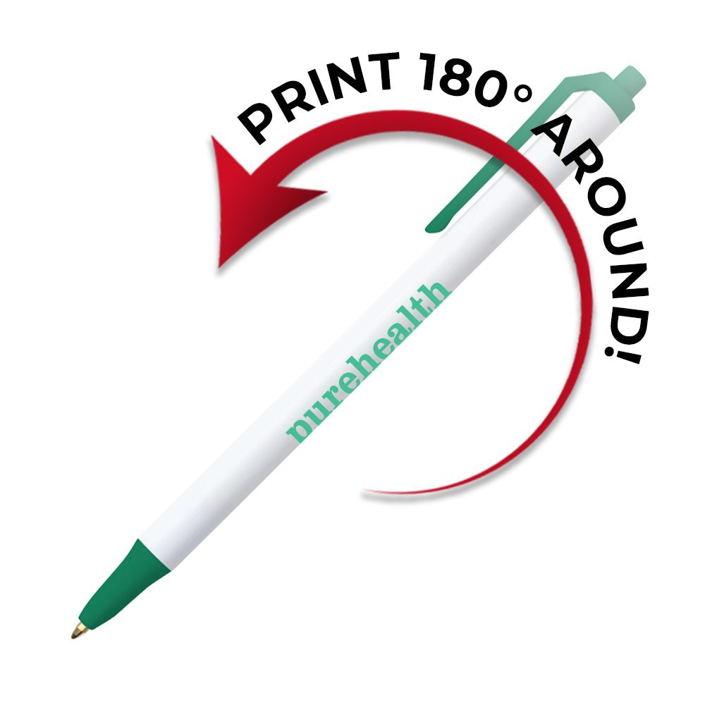 180 degree printing radius for the Bic Stick Click Promotional Custom Pens with White Barrel and Accent Colors