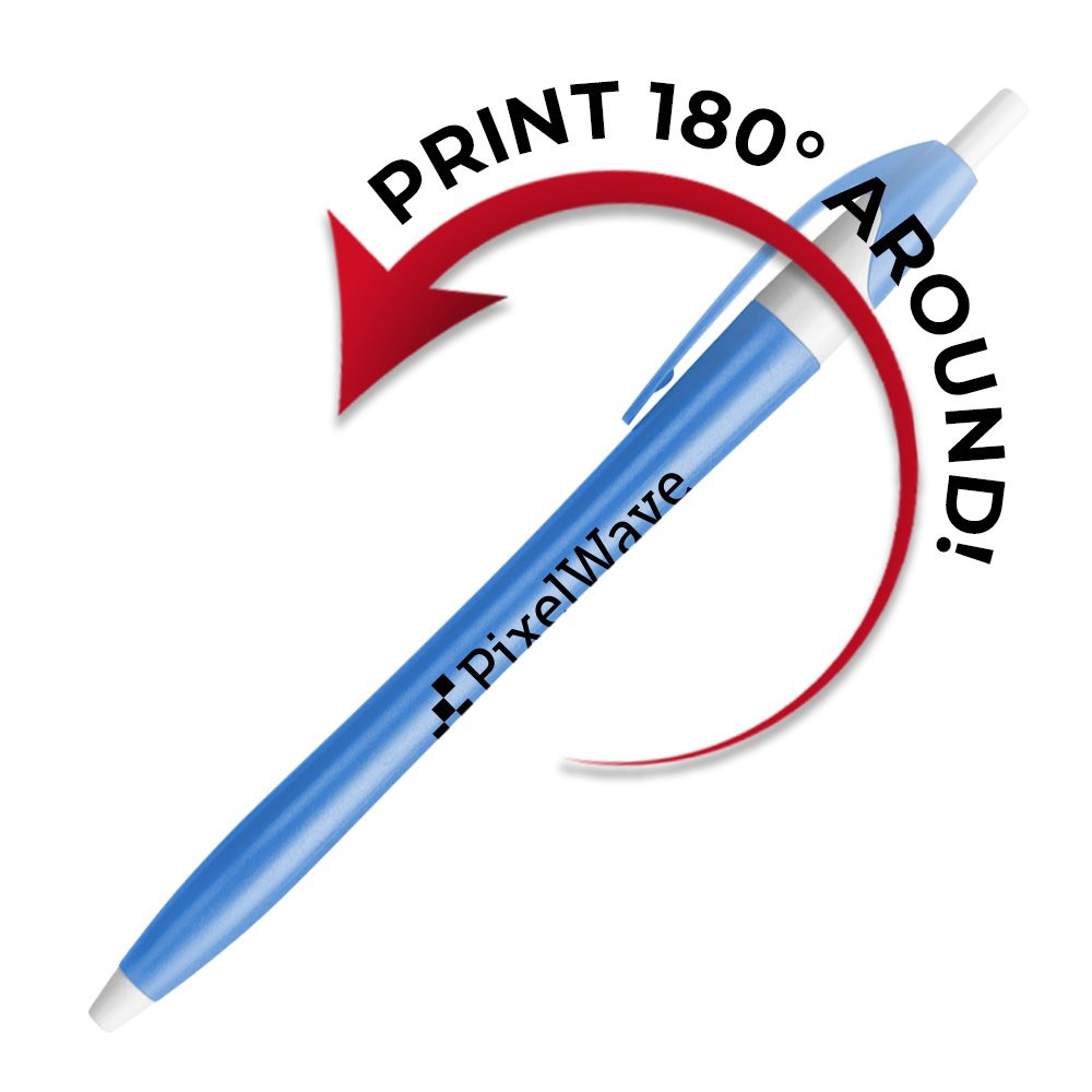 180 Degree printing radius on the Javelin Executive Promotional Custom Pens with Colored Barrel and White Accent