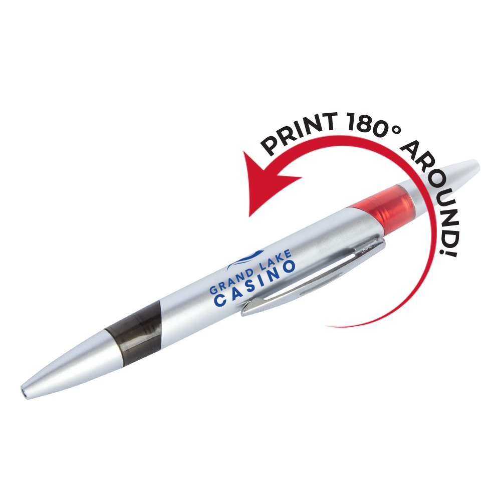 A full 180 degree printing radius on the Custom Imprinted Silver Barrel Baccarat Pen - Black and Red Ink