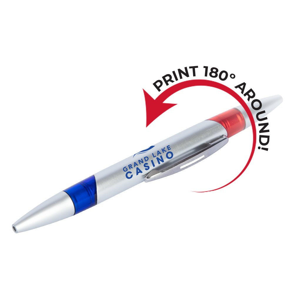 Full 180 degree printing radius on our Custom Imprinted Silver Barrel Baccarat Pen - Blue and Red Ink