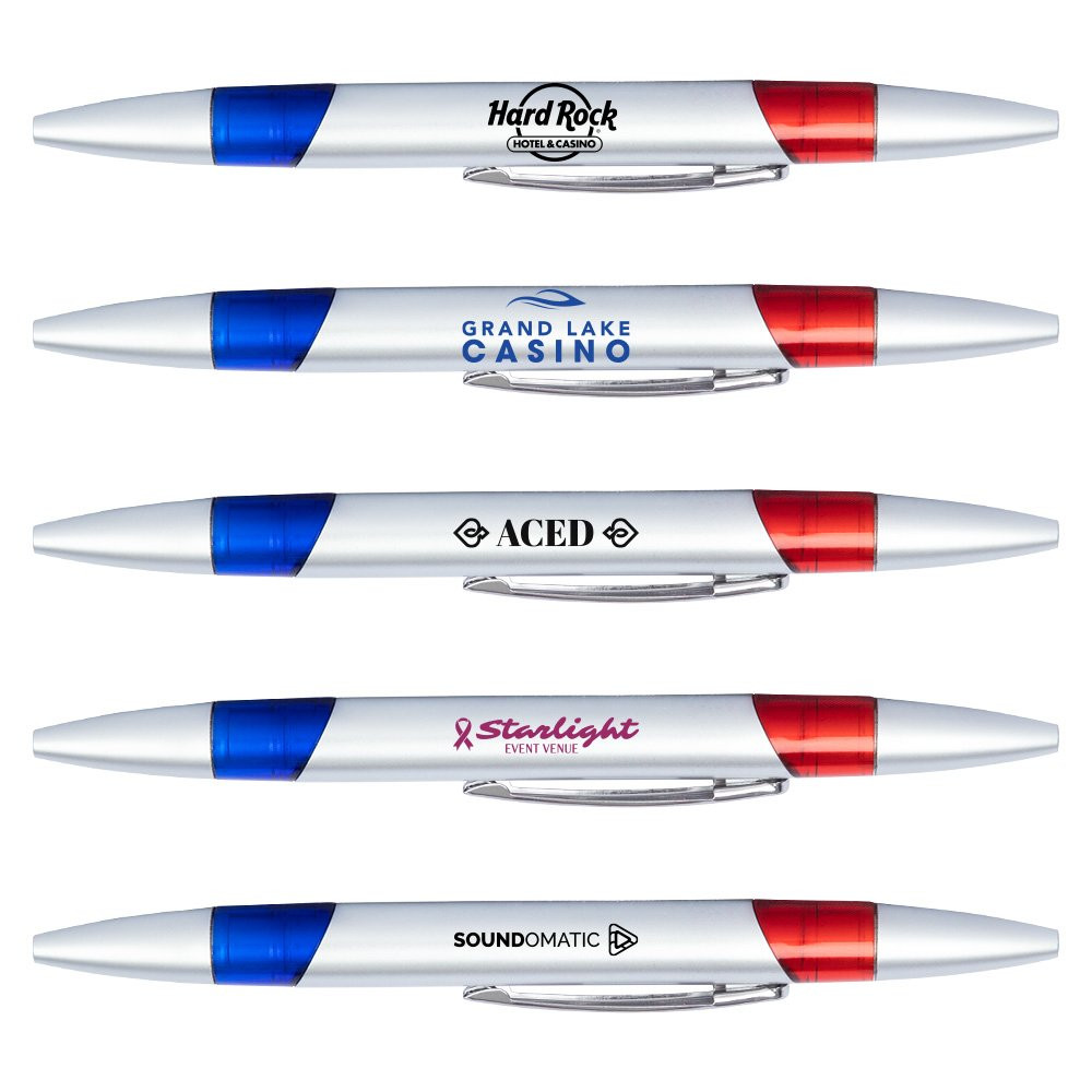 Example of Custom Imprinted Silver Barrel Baccarat Pen - Blue and Red Ink