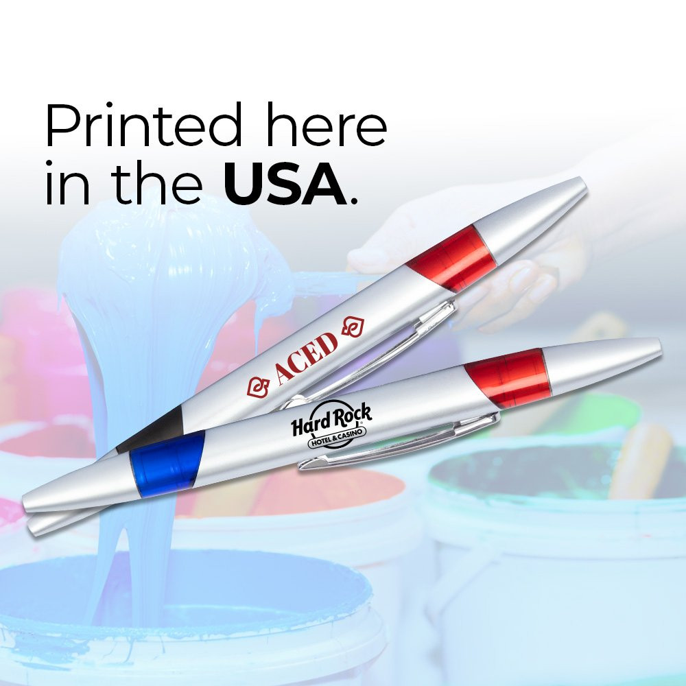 Custom Imprinted Silver Barrel Baccarat Pen - Blue and Red Ink - Made in the USA