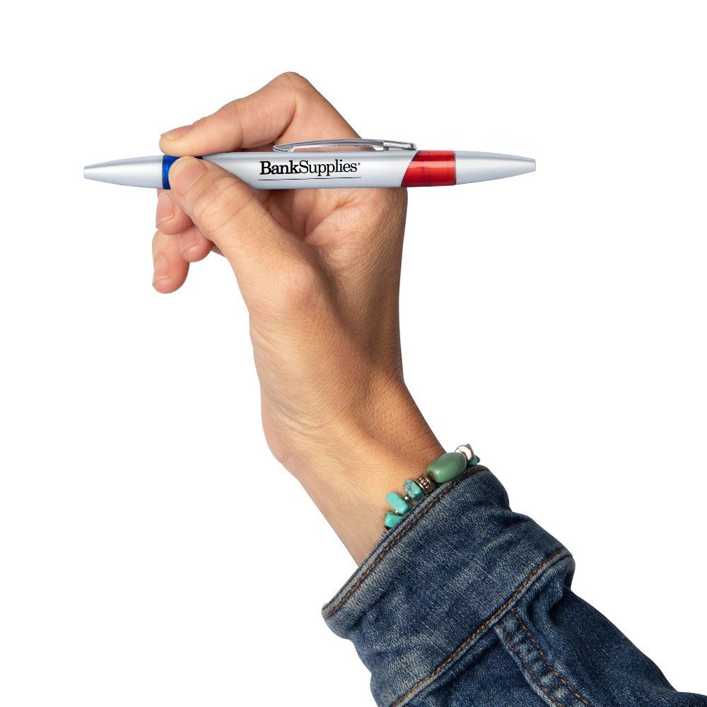 Custom Imprinted Silver Barrel Baccarat Pen - Black and Red Ink - In use