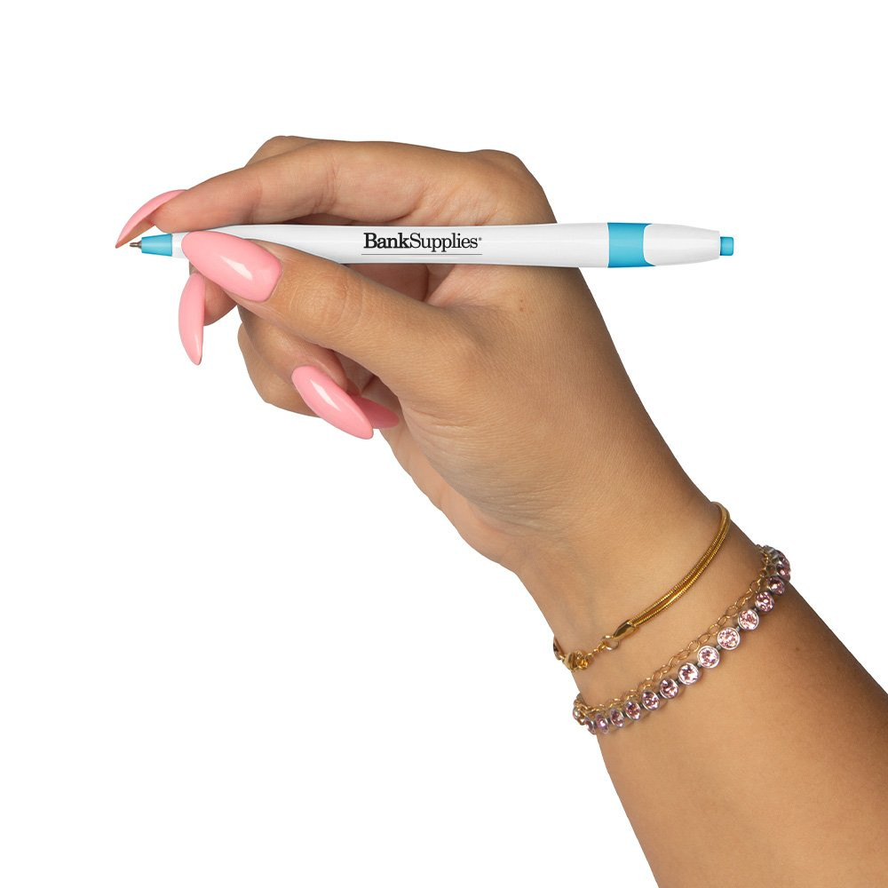 The Javelin Executive Promotional Custom Pens with White Barrel and Colored Accent Shown In Use