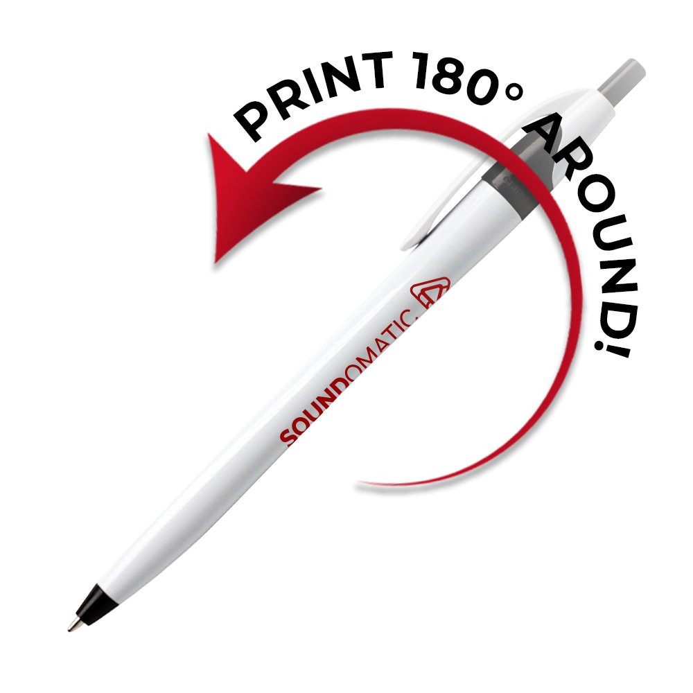 Printing radius of 180 degrees for the Javelin Executive Promotional Custom Pens with White Barrel and Colored Accent