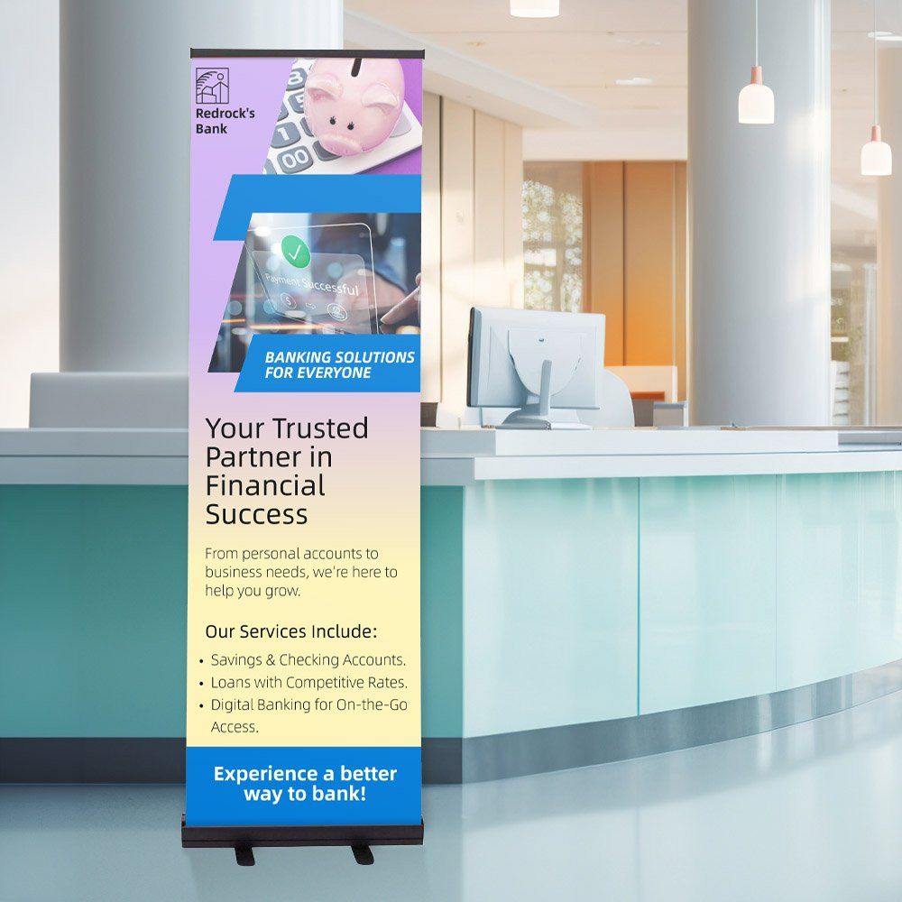 Economy Retractor Banner shown in the 24 inch size in use at financial institution