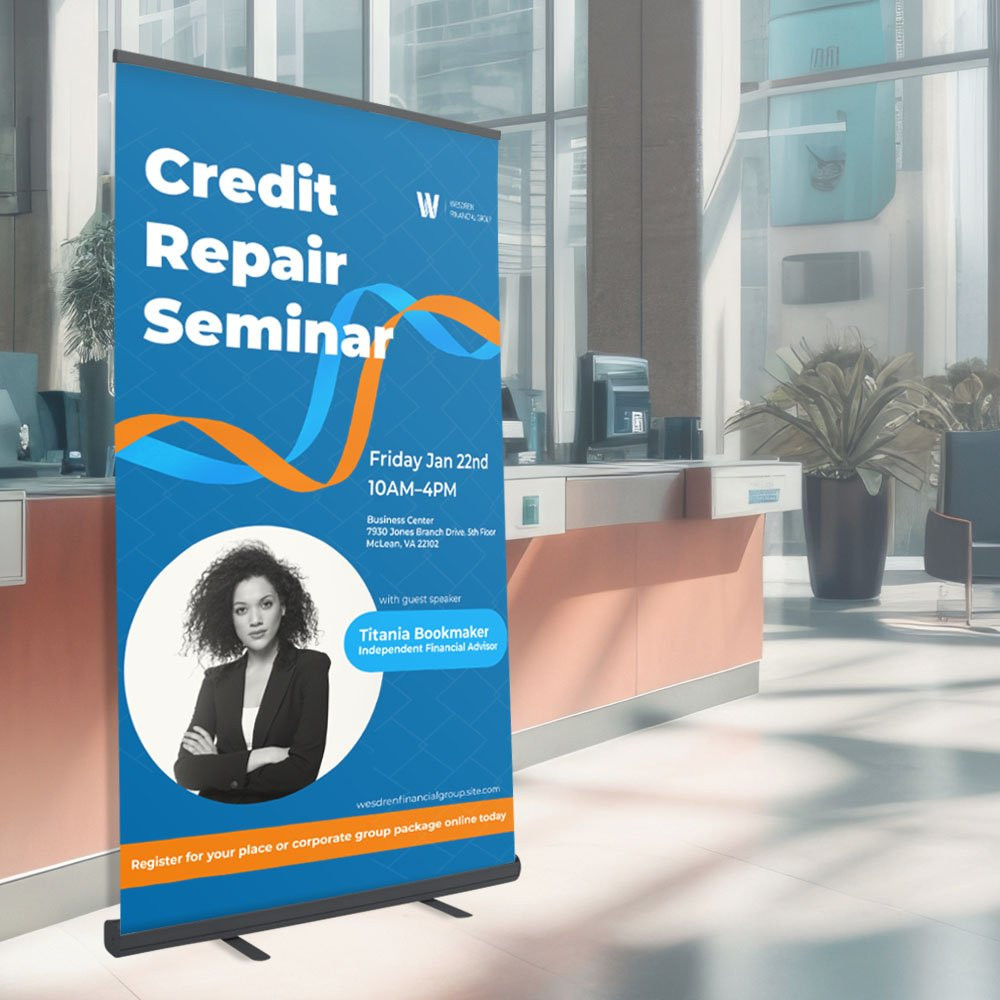 Economy Retractor Banner shown in the 48 inch size in use at financial institution